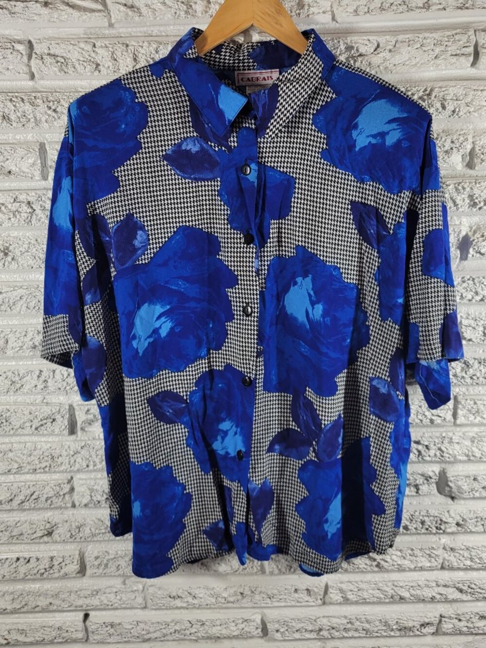 Cabrais 22W Top Blue Black Floral Button Up Shirt Plus Short Sleeve FLO6E